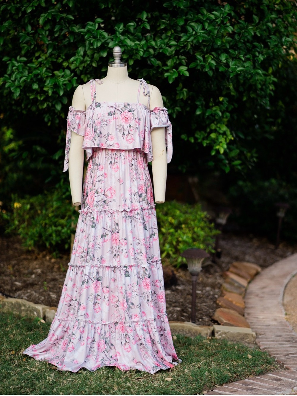 Romantic Boho Cottagecore Cold Shoulder Pink Floral Maxi Dress Size S